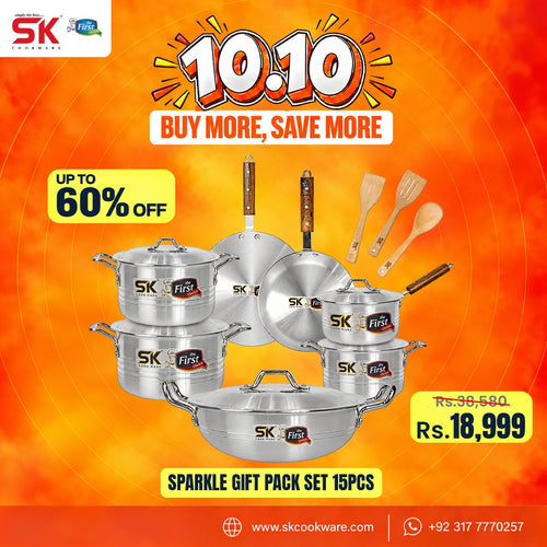 SK Cookware Sparkle Gift Pack Set 15pcs in stainless steel cookware, displayed on a vibrant orange promotional background with '10:10 Buy More, Save More' and 'Up to 60% Off' text overlays.