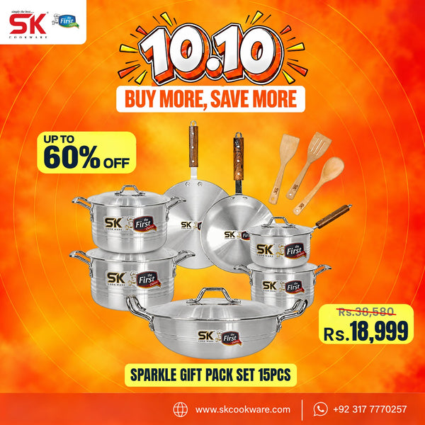 SK Cookware Sparkle Gift Pack Set 15pcs in stainless steel cookware, displayed on a vibrant orange promotional background with '10:10 Buy More, Save More' and 'Up to 60% Off' text overlays.