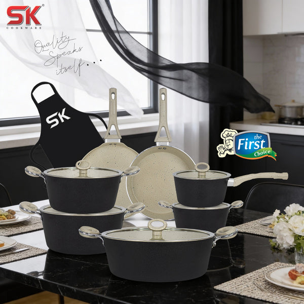 16 Pieces Non Stick Marble Coated Gift Signature Cookware Set - Black & Off White