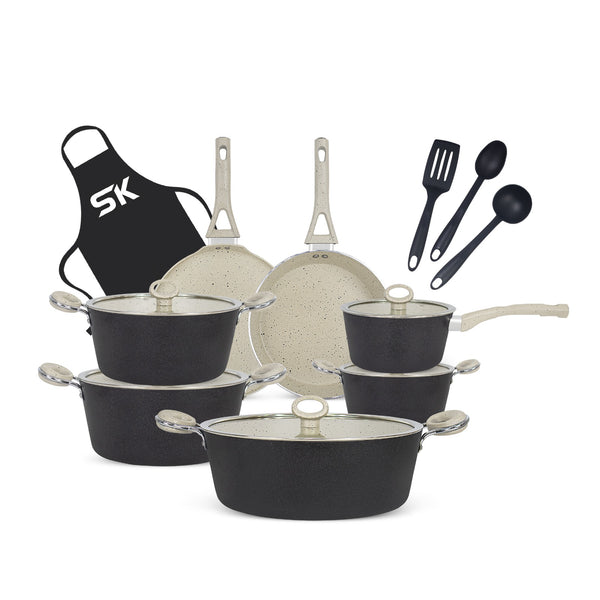 16 Pieces Non Stick Marble Coated Gift Signature Cookware Set - Black & Off White