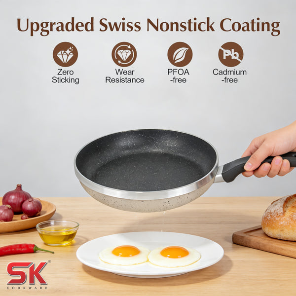 Export Leftover 4Ged Marble Coated Non Stick Fry Pan - Beige & Black