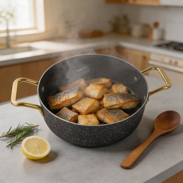 Marble Coated Non-Stick Fish Pot with Golden Handles