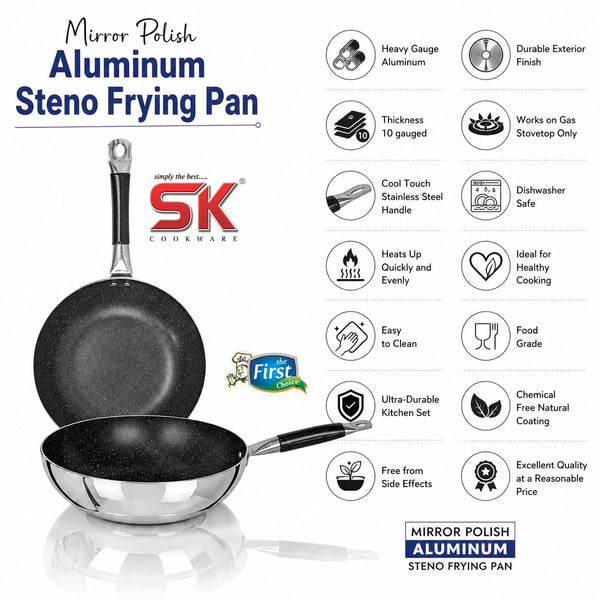 Mirror Polish Steno Deep Wok Frying Pan inside Marble Coat