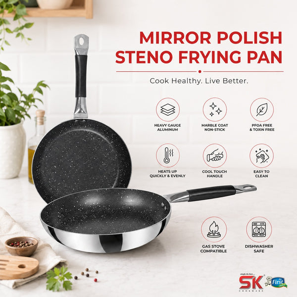 Steno frying pan with features listed on a white background