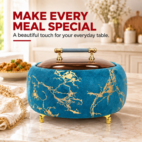 Premium Blue & Gold Hotpot – Stylish Food Warmer with Glass Lid