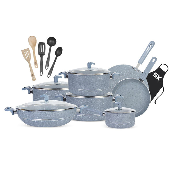 18 Pieces Non Stick Marble Coated Supreme Gift Pack Set Grey - Skcookware