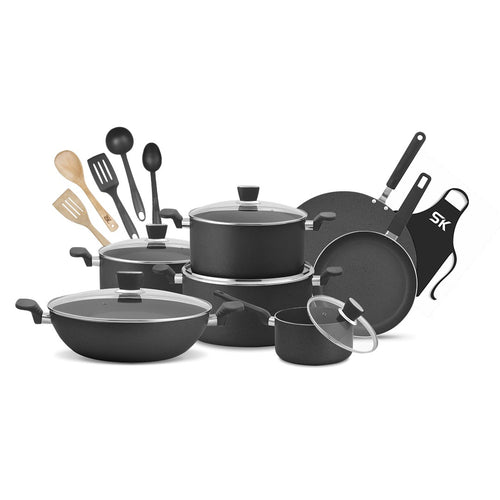 18 Pieces Non Stick Marble Coated Supreme Gift Pack Set Black - Skcookware