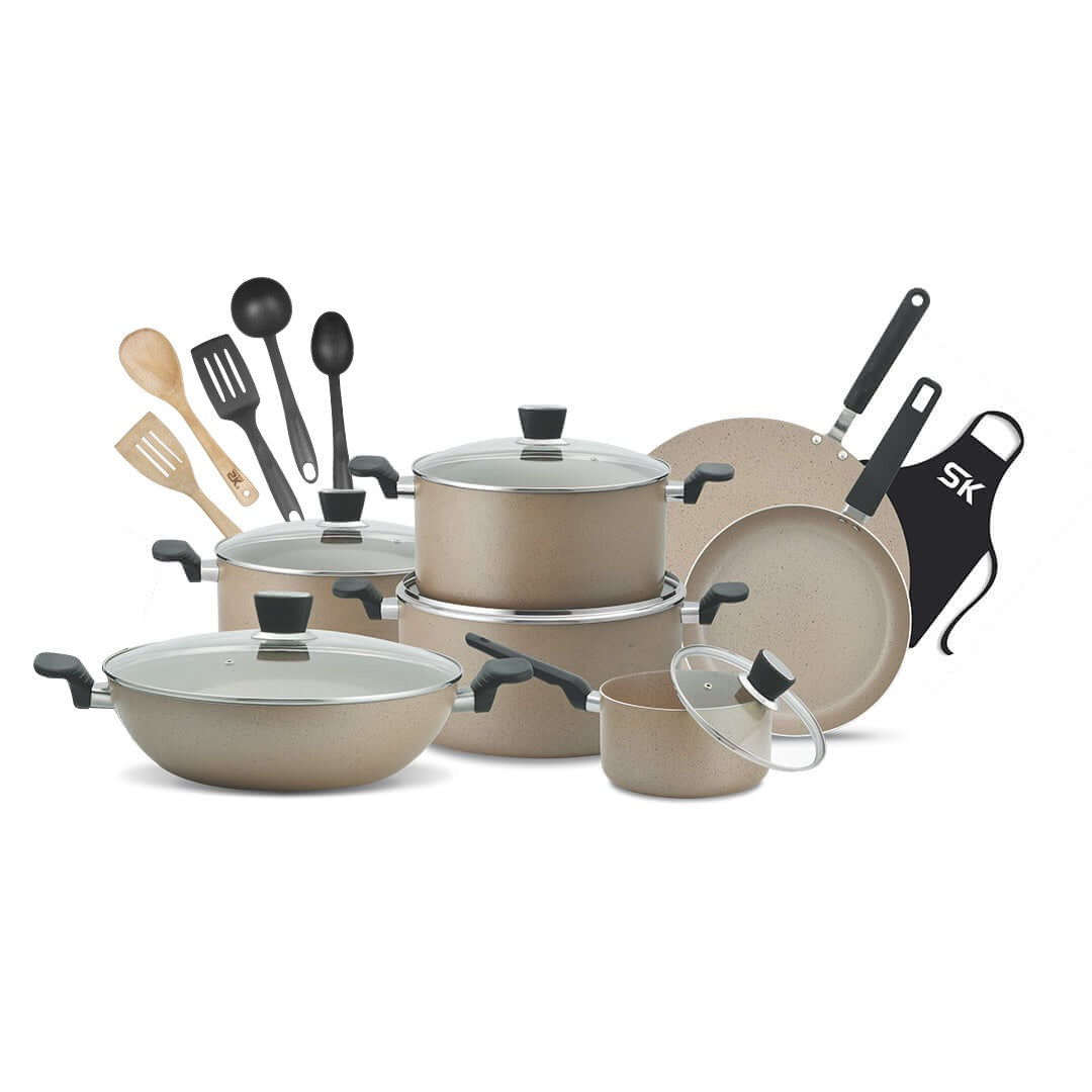 18 Pieces Non Stick Marble Coated Supreme Gift Pack Set Beige - Skcookware