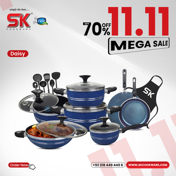 16 Pieces Marble Coated Gift Pack Daisy Cookware Set - Blue