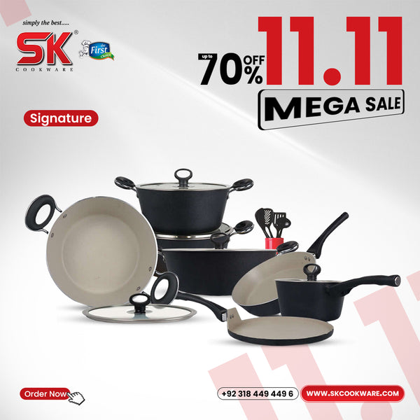 16 Pieces Non Stick Marble Coated Gift Signature Cookware Set - B&W