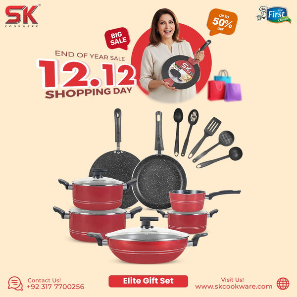 16 Pieces Non-Stick Marble Coat Elite Gift Pack Set - Red & Black