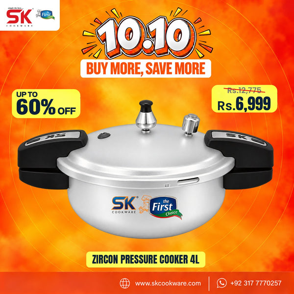 SK Cookware 10:10 deal promotional graphic featuring a silver and black Zircon Pressure Cooker 4L on a bright orange background with sale text and pricing.