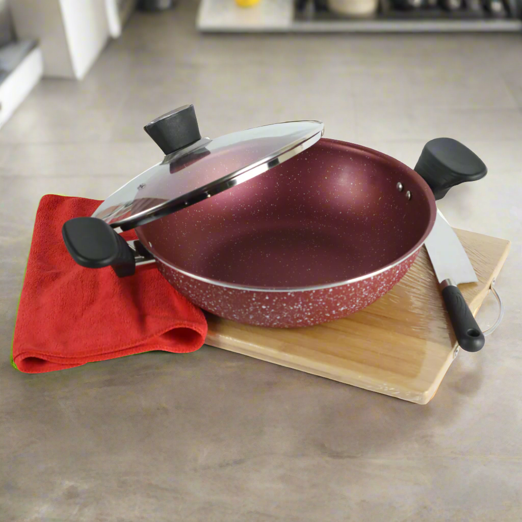 Marble Coated Wok (Karahi) with Glass Lid - Maroon - Skcookware