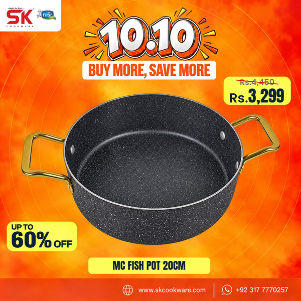 A promotional product graphic for an MC Fish Pot 20cm. The pot is black with a fine white speckled pattern and has gold-colored handles, set against a bright orange and yellow background with various promotional text overlays and discount badges.