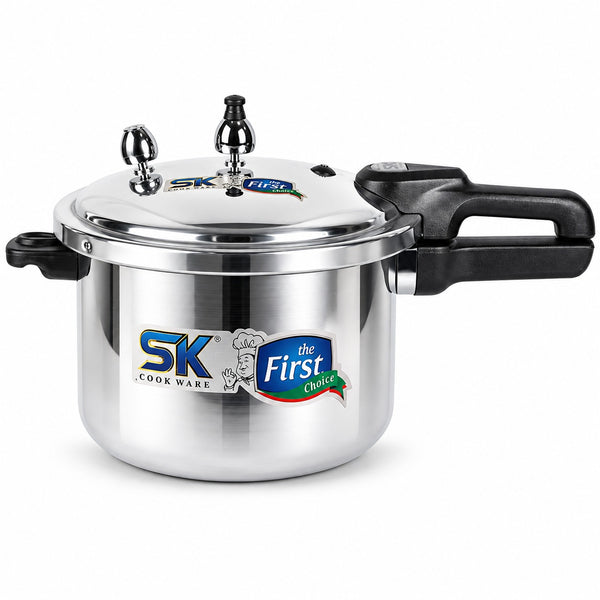 A stainless steel pressure cooker with black handles and lids, featuring the SK Cookware logo and 'the First Choice' badge on the front, set against a plain white background.