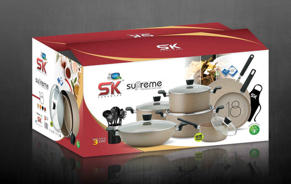 18 Pieces Non Stick Marble Coated Supreme Gift Pack Set Black - Skcookware