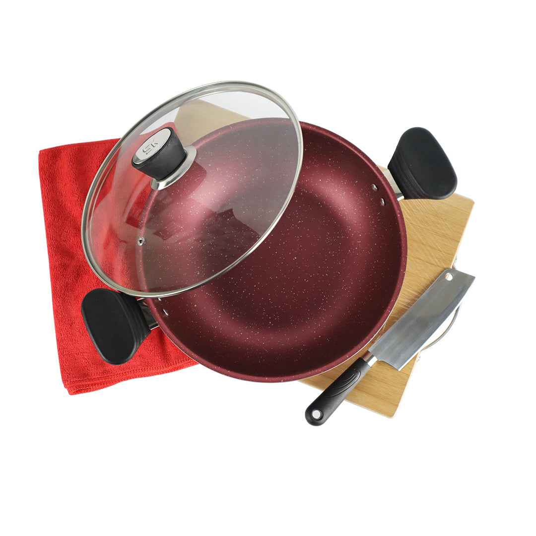 Marble Coated Wok (Karahi) with Glass Lid - Maroon - Skcookware