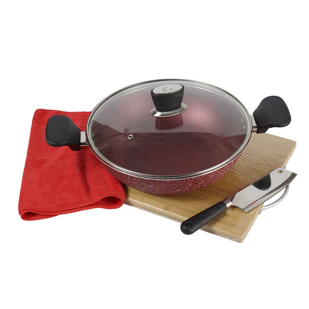 Marble Coated Wok (Karahi) with Glass Lid - Maroon - Skcookware