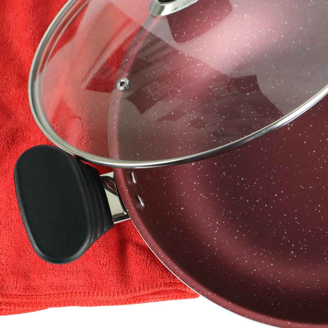 Marble Coated Wok (Karahi) with Glass Lid - Maroon - Skcookware