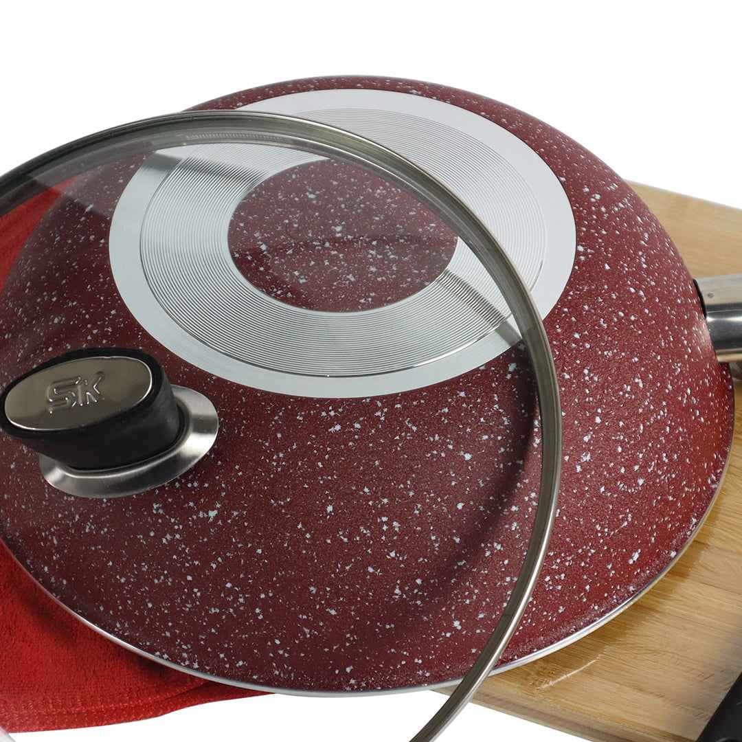 Marble Coated Wok (Karahi) with Glass Lid - Maroon - Skcookware