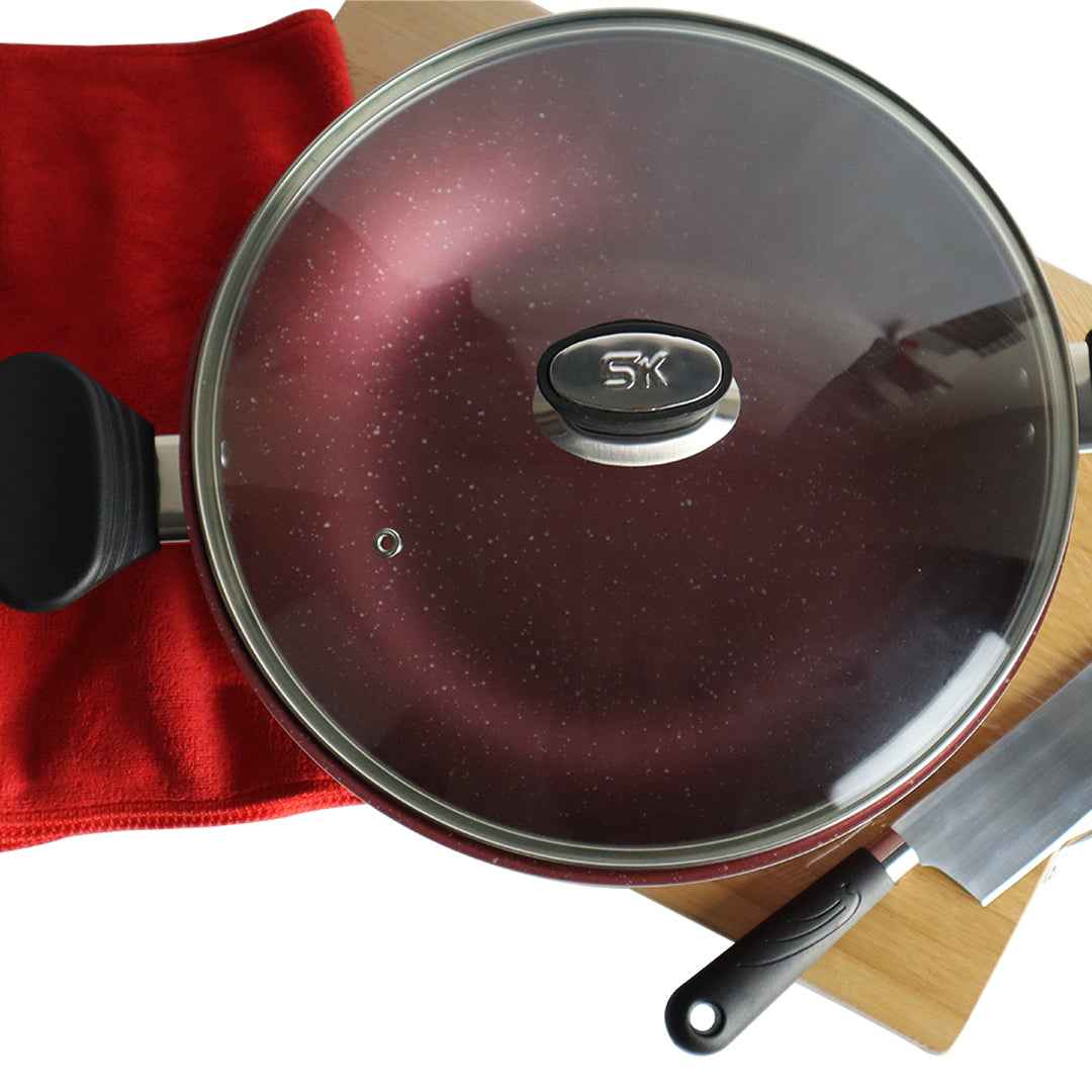 Marble Coated Wok (Karahi) with Glass Lid - Maroon - Skcookware