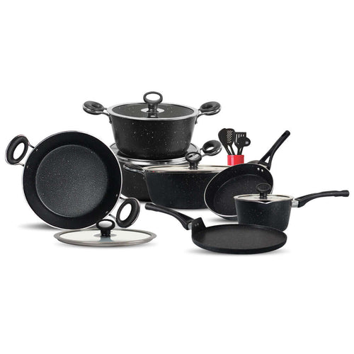 16 Pieces Marble Coated Gift Signature Cookware Set - Black - Skcookware