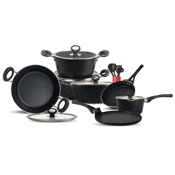 16 Pieces Marble Coated Gift Signature Cookware Set - Black - Skcookware