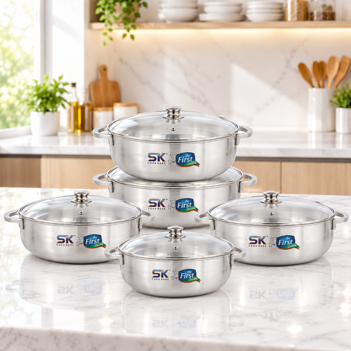 10 Pieces Export Quality Aluminum Metal Finish Caldero Pot Set with Glass Lids – 20–28 cm