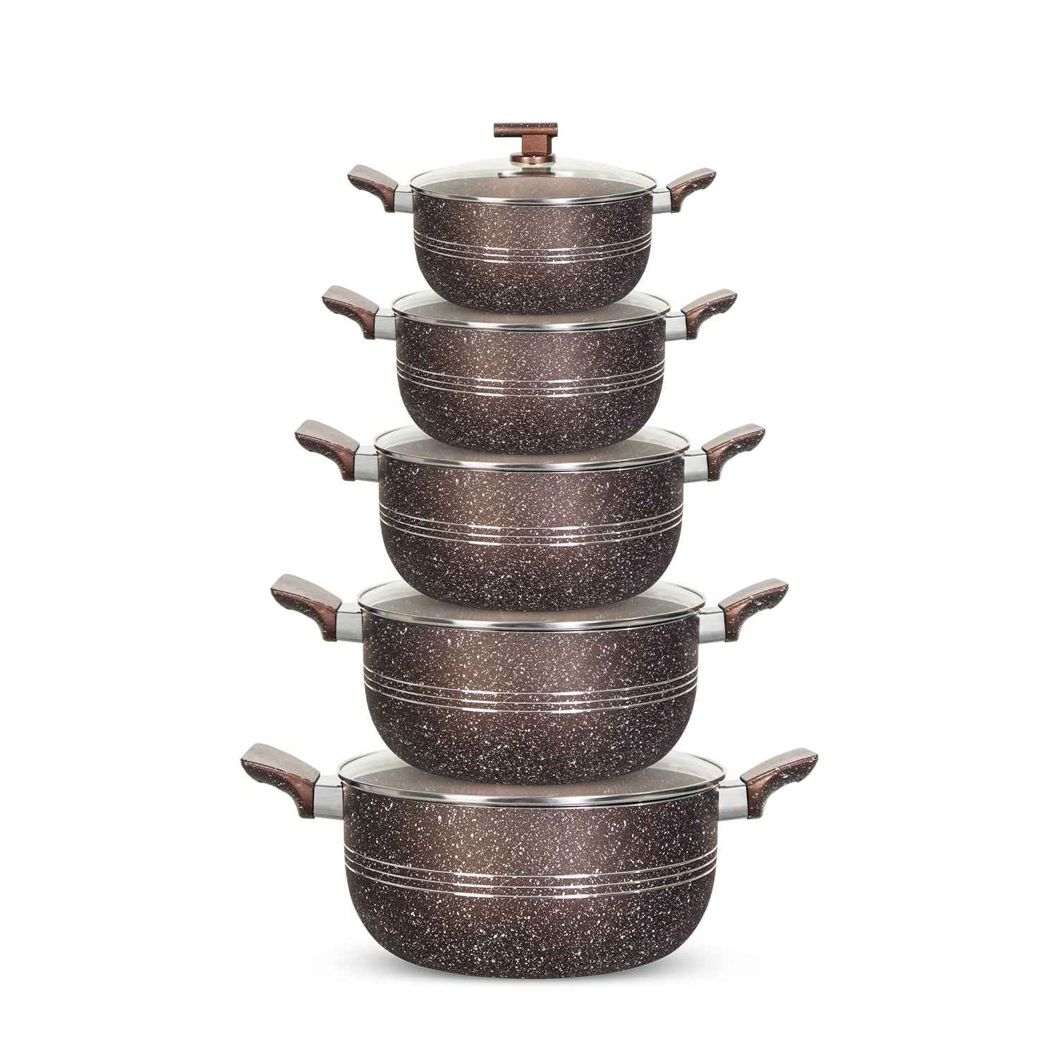 10 Pieces Non Stick Marble Coated Innovant Casserole (Daigchi/Baigona) Set - Chocolate - Skcookware