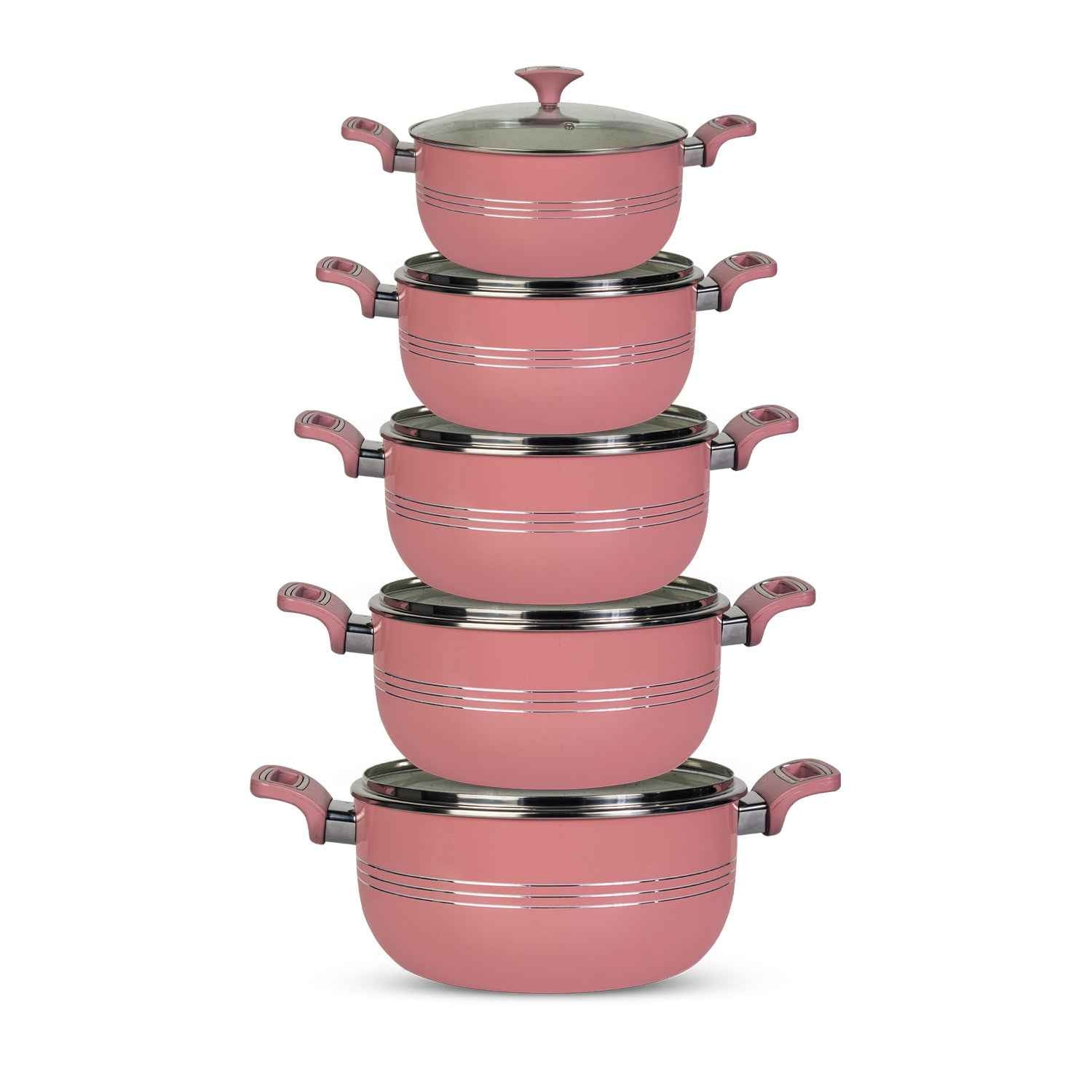 10 Pieces Non Stick Marble Coated Innovant Casserole (Daigchi/Baigona) Set - Pink - Skcookware
