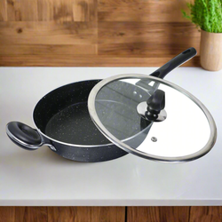 24cm Non Stick Marble Coated Signature Frypan with Glass Lid & Handle - Black