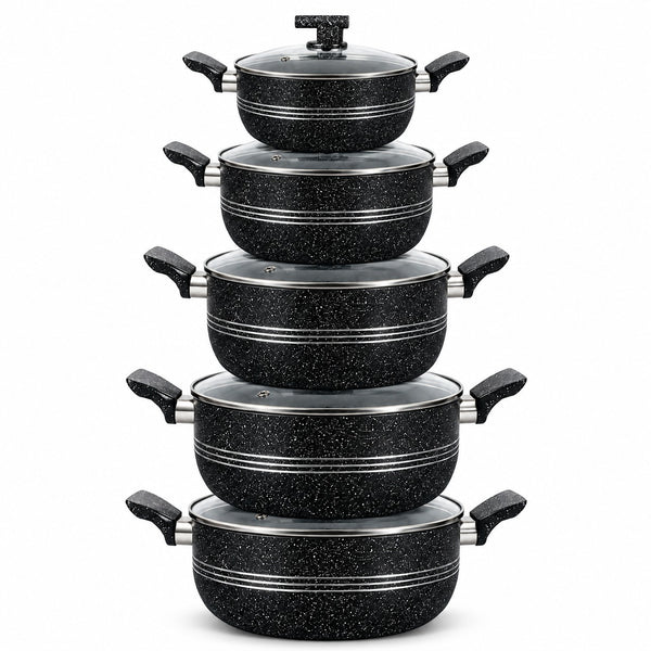 A 5-piece nesting cookware set with black speckled non-stick pots and lids, arranged in a vertical stack on a white background.