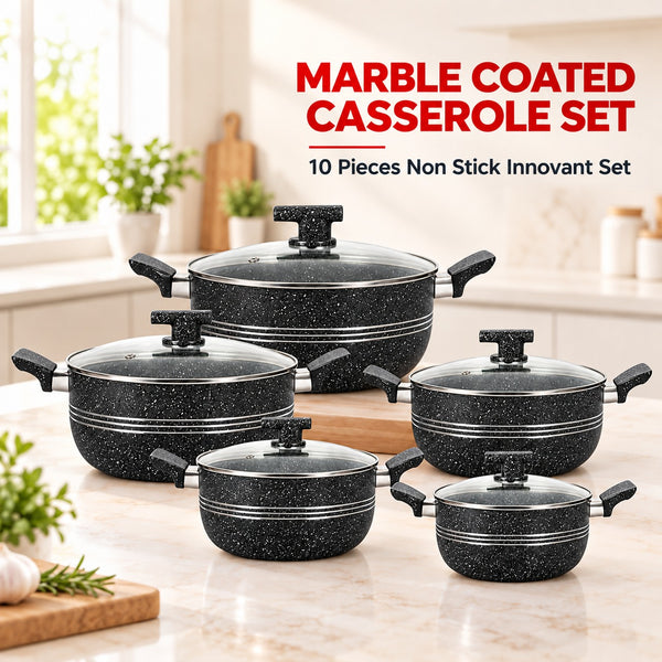 A 10-piece marble-coated nonstick casserole set displayed on a kitchen countertop, featuring black speckled interiors, black handles, and clear glass lids. Red text at the top reads 'MARBLE COATED CASSEROLE SET' and '10 Pieces Non Stick Innovant Set'.