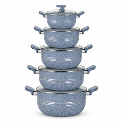A five-piece nesting cookware set in a speckled slate blue finish with matching lids and handles, displayed on a clean white background.