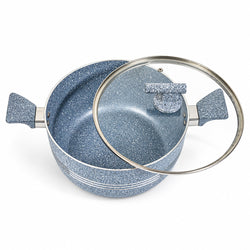 A speckled blue non-stick saucepan with a matching glass lid, shown on a clean white background.