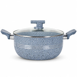 A speckled blue non-stick saucepan with a matching glass lid and blue handles, shown on a clean white background.
