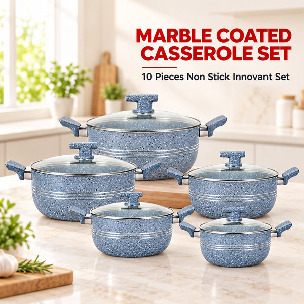 A set of five blue marble-patterned nonstick casseroles with glass lids arranged on a kitchen countertop, with text overlay reading 'MARBLE COATED CASSEROLE SET' and '10 Pieces Non Stick Innovant Set'.