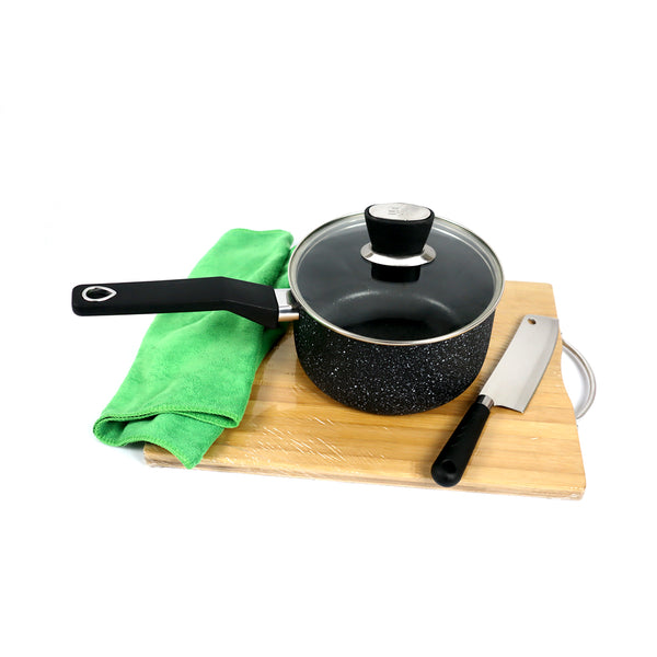 Black Marble Coated Sauce Pan with Tempered Proof Glass Lid & Easy Grip Handle
