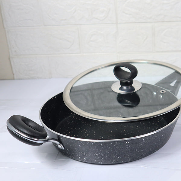 24cm Non Stick Marble Coated Signature Frypan with Glass Lid & Handle - Black