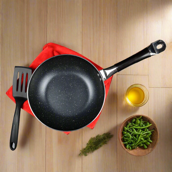 Black Mirror Polish Steno Deep Wok Frying Pan inside Marble Coat