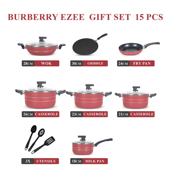 15 Pieces Non Stick Burberry Ezee Gift Set - Maroon & Black