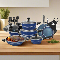 16 Pieces Marble Coated Gift Pack Daisy Cookware Set - Blue - Skcookware