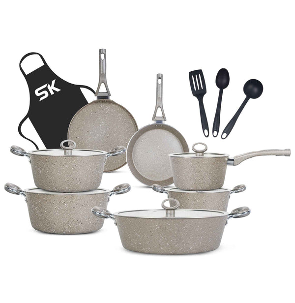 16 Pieces Marble Coated Gift Pack Signature Cookware Set - Beige - Skcookware