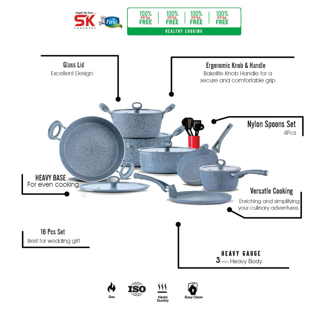 16 Pieces Marble Coated Gift Pack Signature Cookware Set - Grey - skcookware