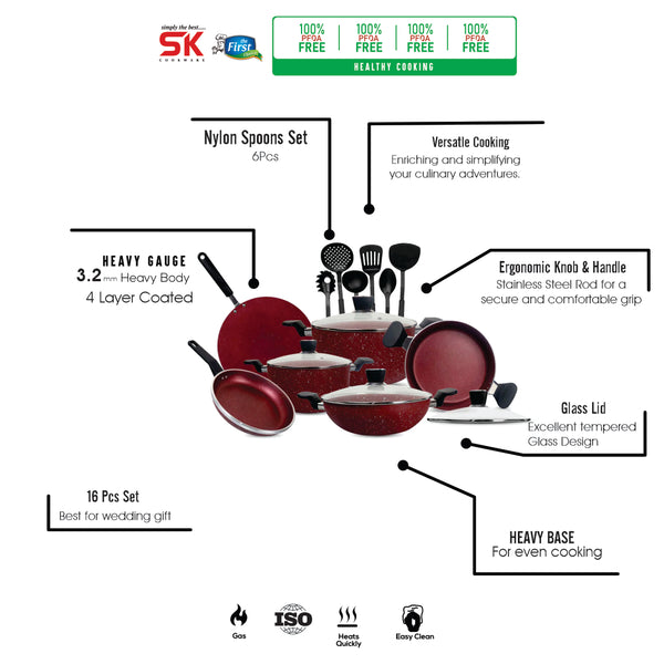 16 Pieces Marble Coating Copper Cook Gift Pack Set - Maroon - skcookware