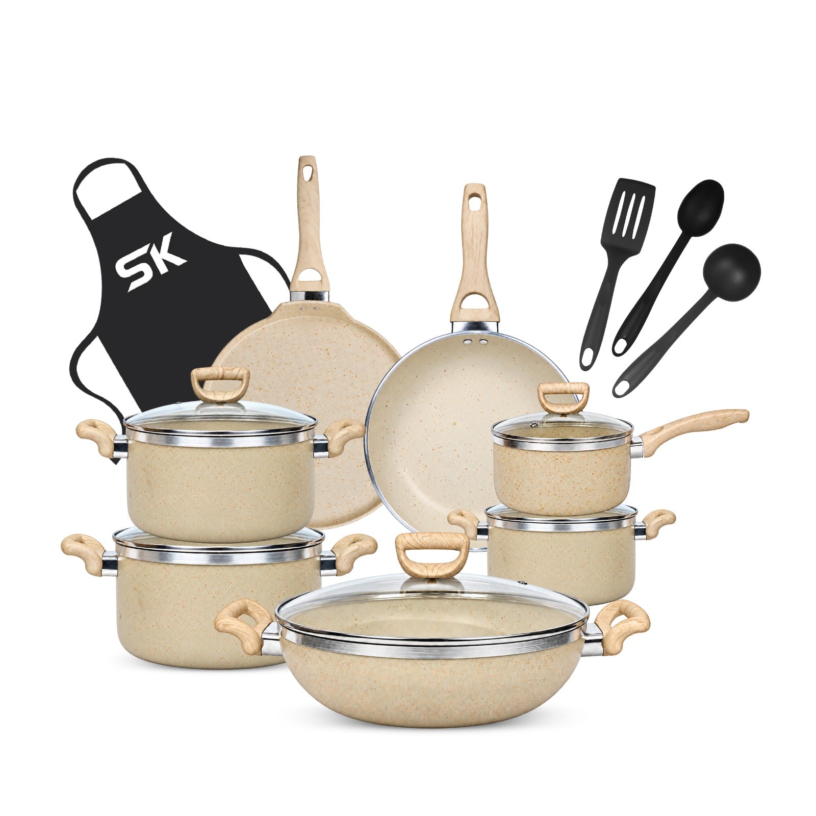 A 12-piece kitchen cookware set with beige speckled non-stick pots, pans, and lids, accompanied by black utensils and a black apron with a white 'SK' logo, arranged on a white background.