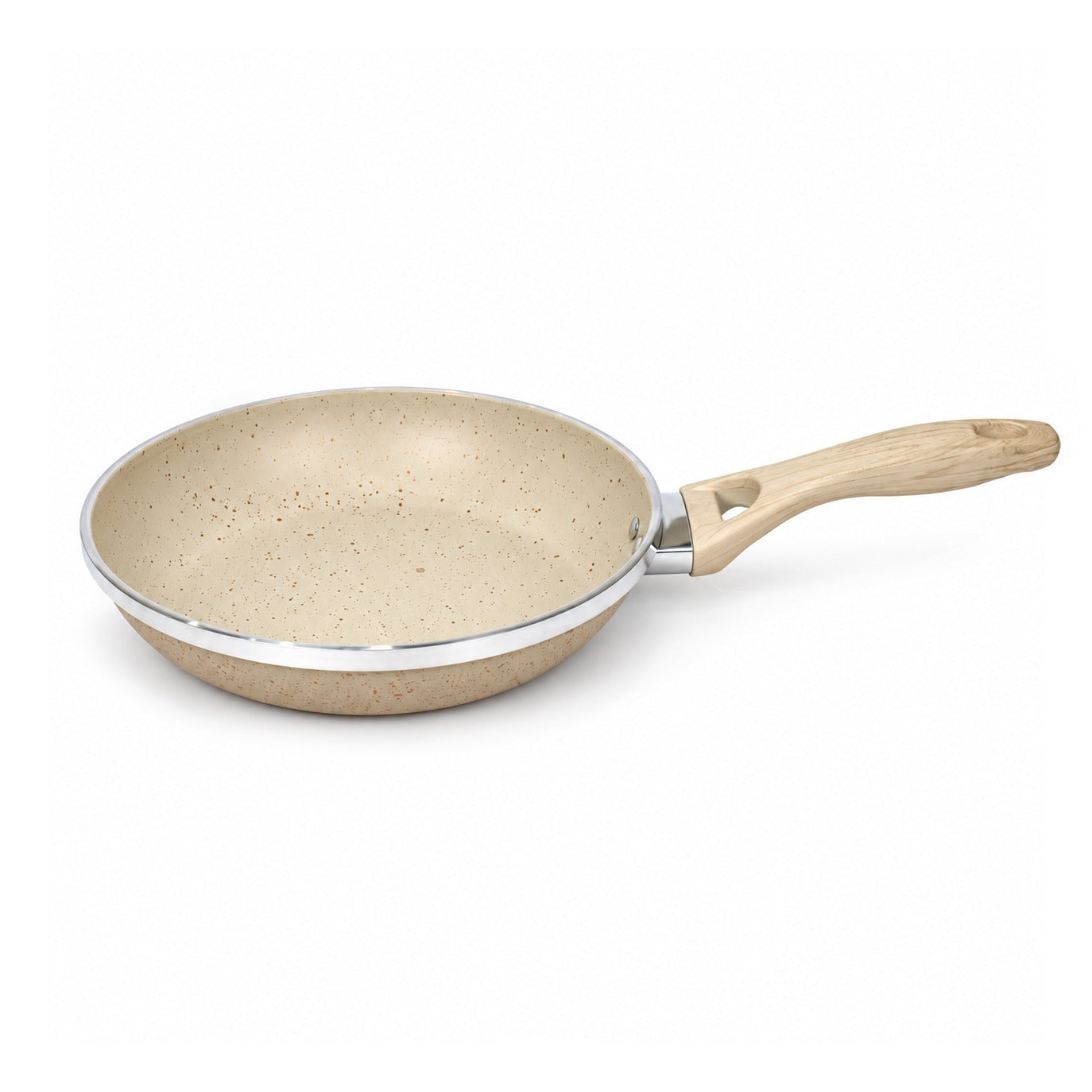 A non-stick frying pan with a speckled beige interior, a silver metal rim, and a light wood-textured handle, shown on a plain white background.