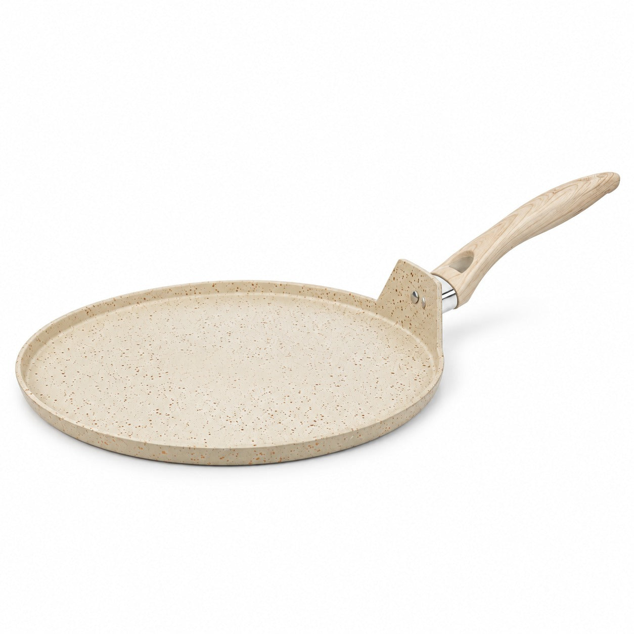 A round non-stick crepe pan with a speckled beige exterior and a light wood handle, shown on a solid white background.