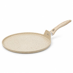 A round non-stick crepe pan with a speckled beige exterior and a light wood handle, shown on a solid white background.