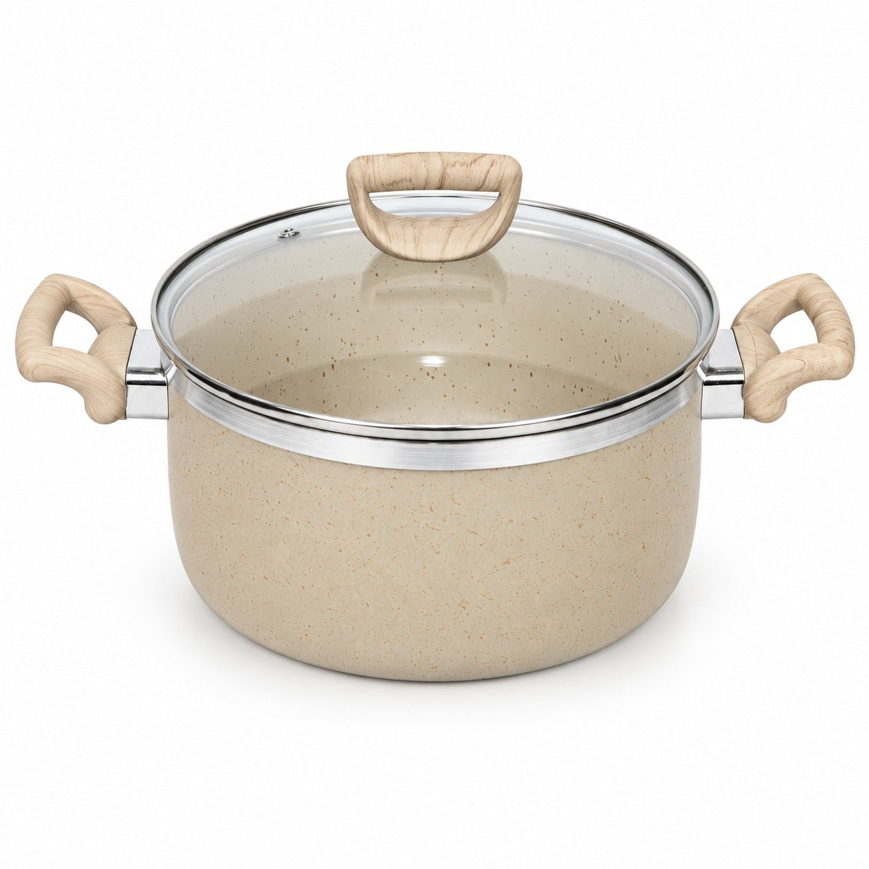 A speckled beige non-stick pot with a clear glass lid and light wood handles, shown on a clean white background.